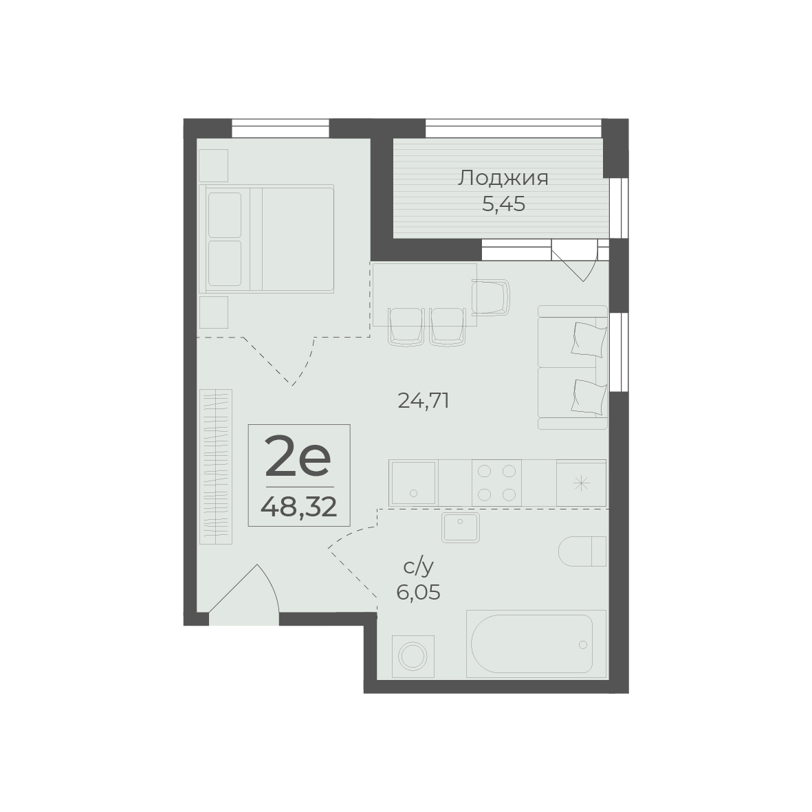 Планировка: 2-комнатная в ЖК «Botanica», 48,3 м²