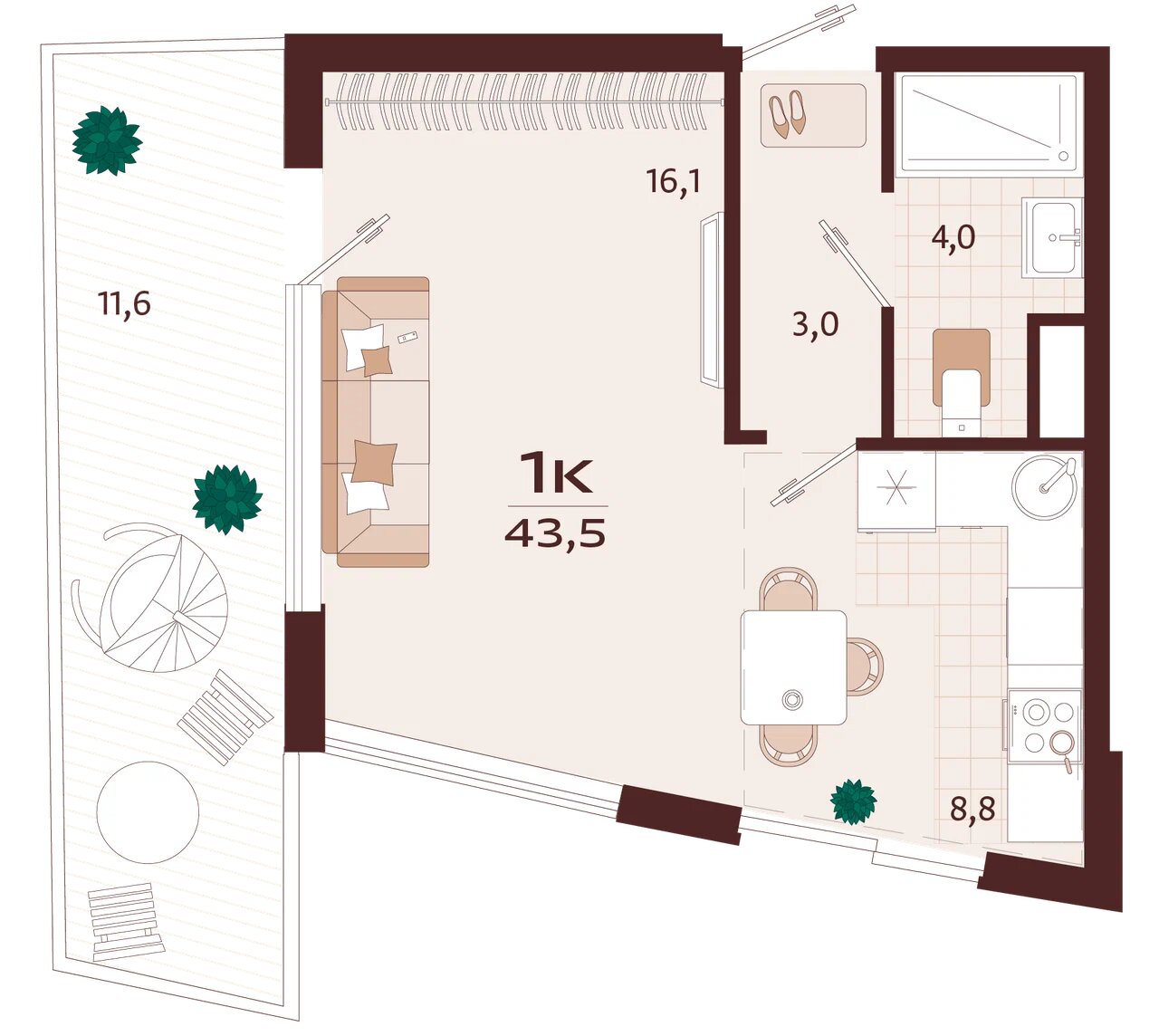 Планировка: 1-комнатная в ЖК «Роялта», 35,5 м², №18