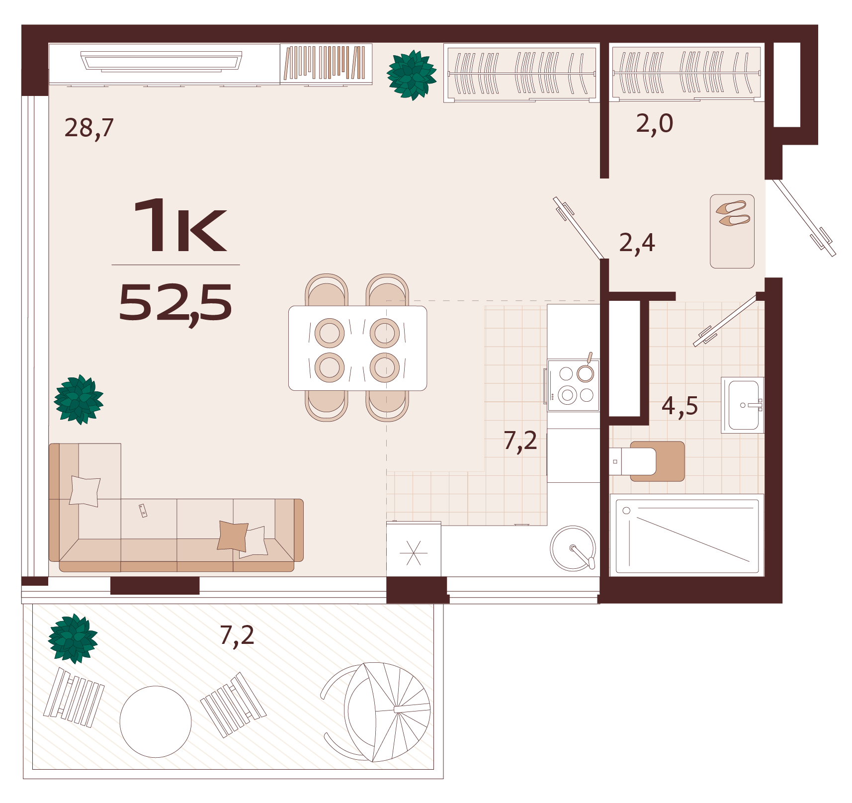 Планировка: 1-комнатная в ЖК «Роялта», 47,1 м², №4