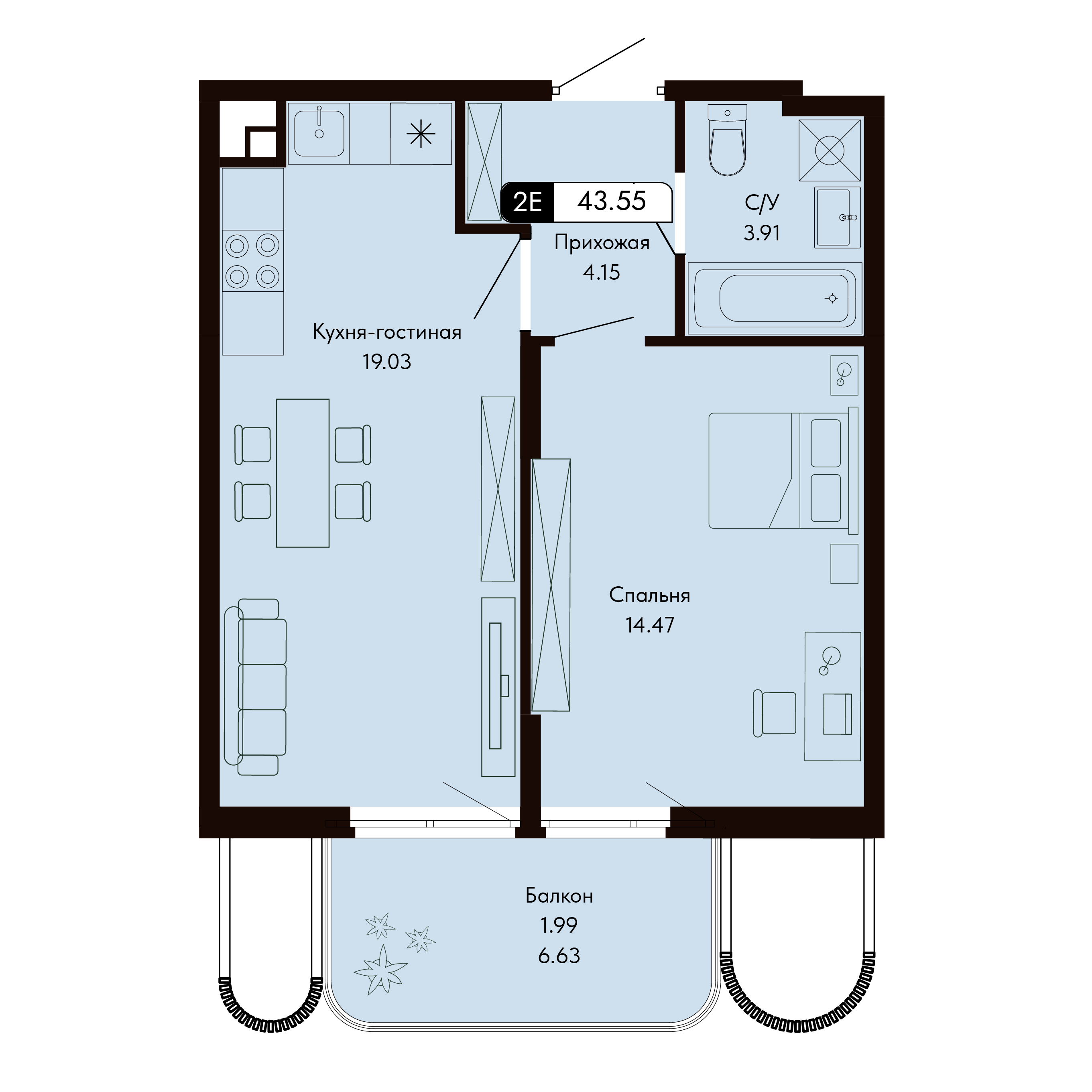 Планировка: 2-комнатная в ЖК «Ялтинская Резиденция», 43,5 м², №647