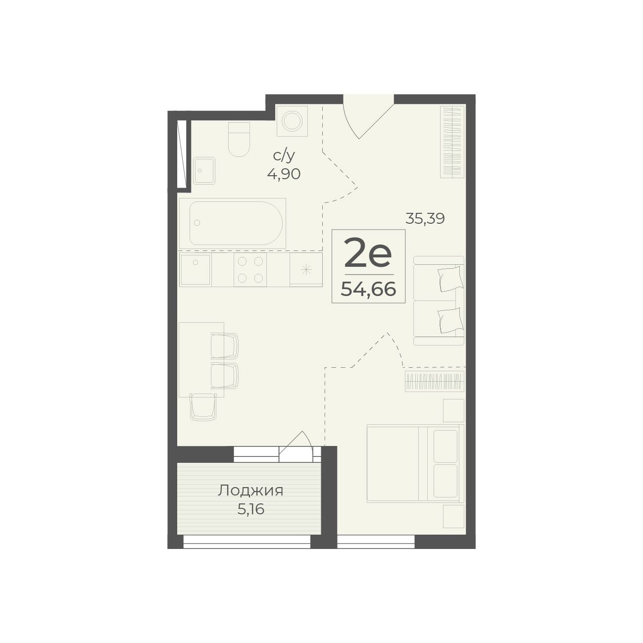 Планировка: 2-комнатная в ЖК «Botanica», 54,7 м²