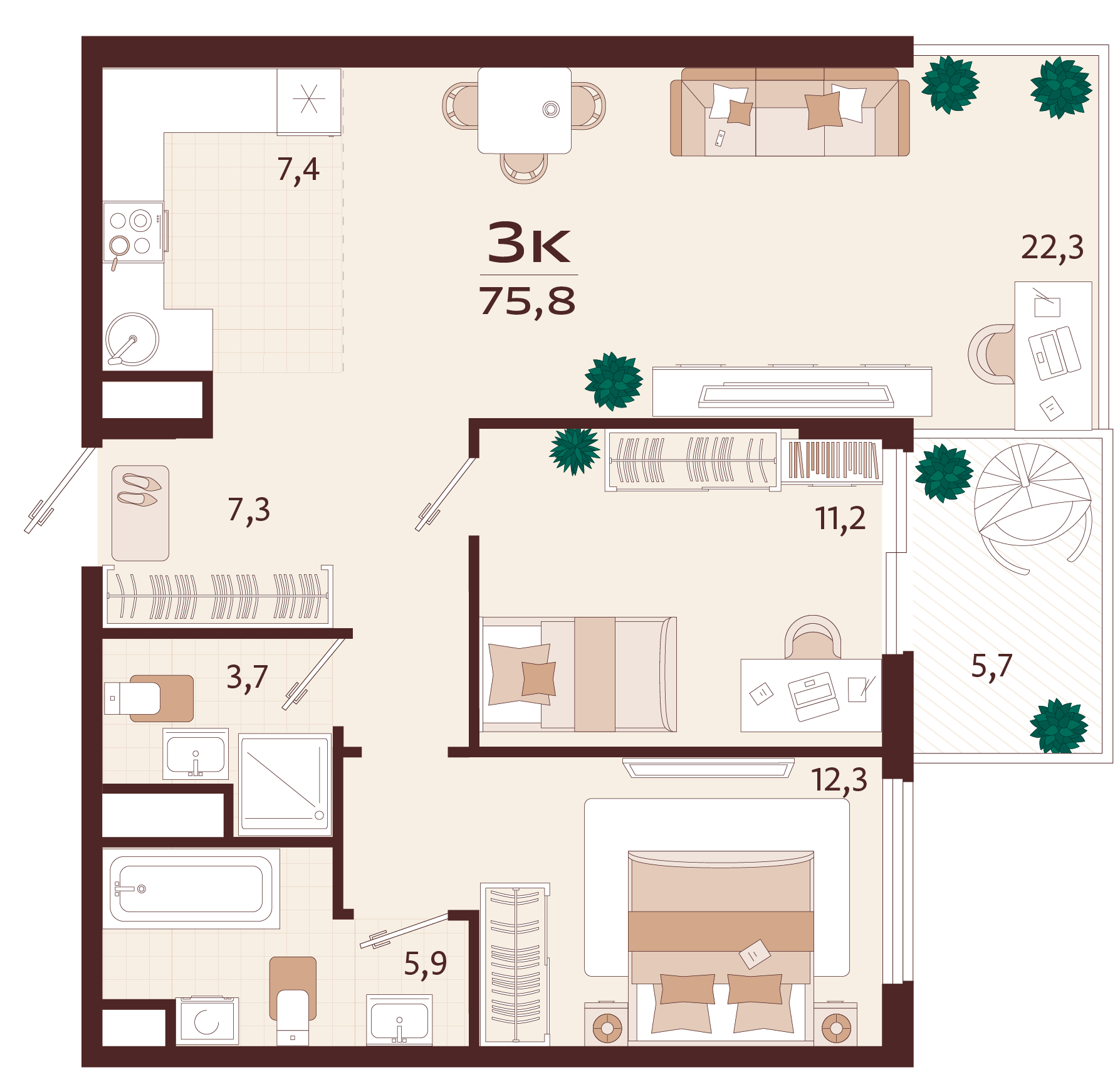 Планировка: 3-комнатная в ЖК «Роялта», 71,8 м², №159