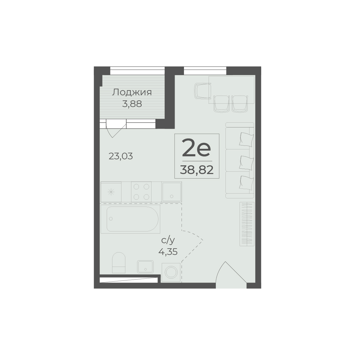 Планировка: 1-комнатная в ЖК «Botanica», 38,8 м²