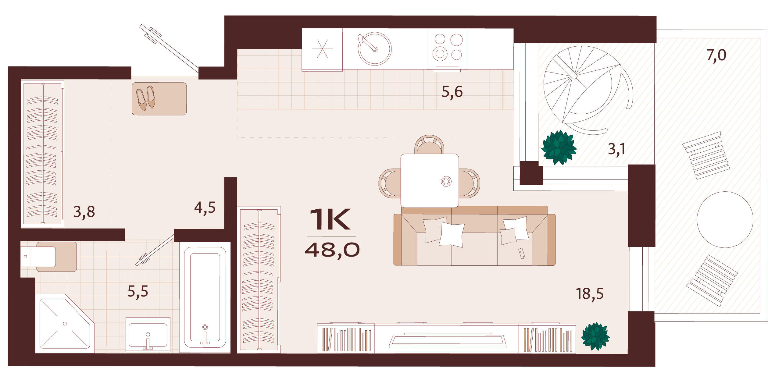 Планировка: 1-комнатная в ЖК «Роялта», 41,6 м², №2К94
