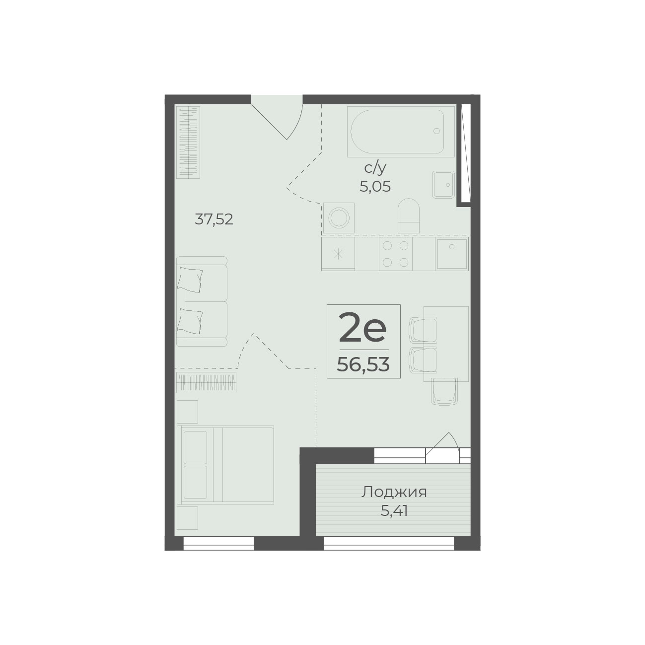 Планировка: 2-комнатная в ЖК «Botanica», 56,5 м²