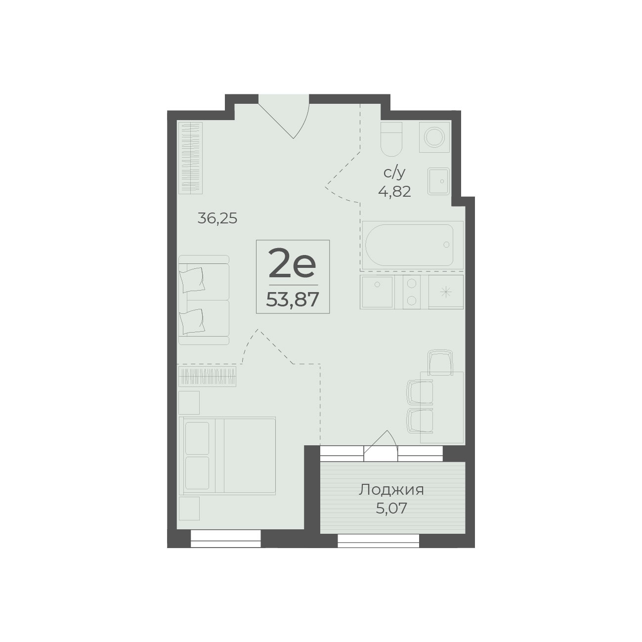 Планировка: 2-комнатная в ЖК «Botanica», 53,9 м²