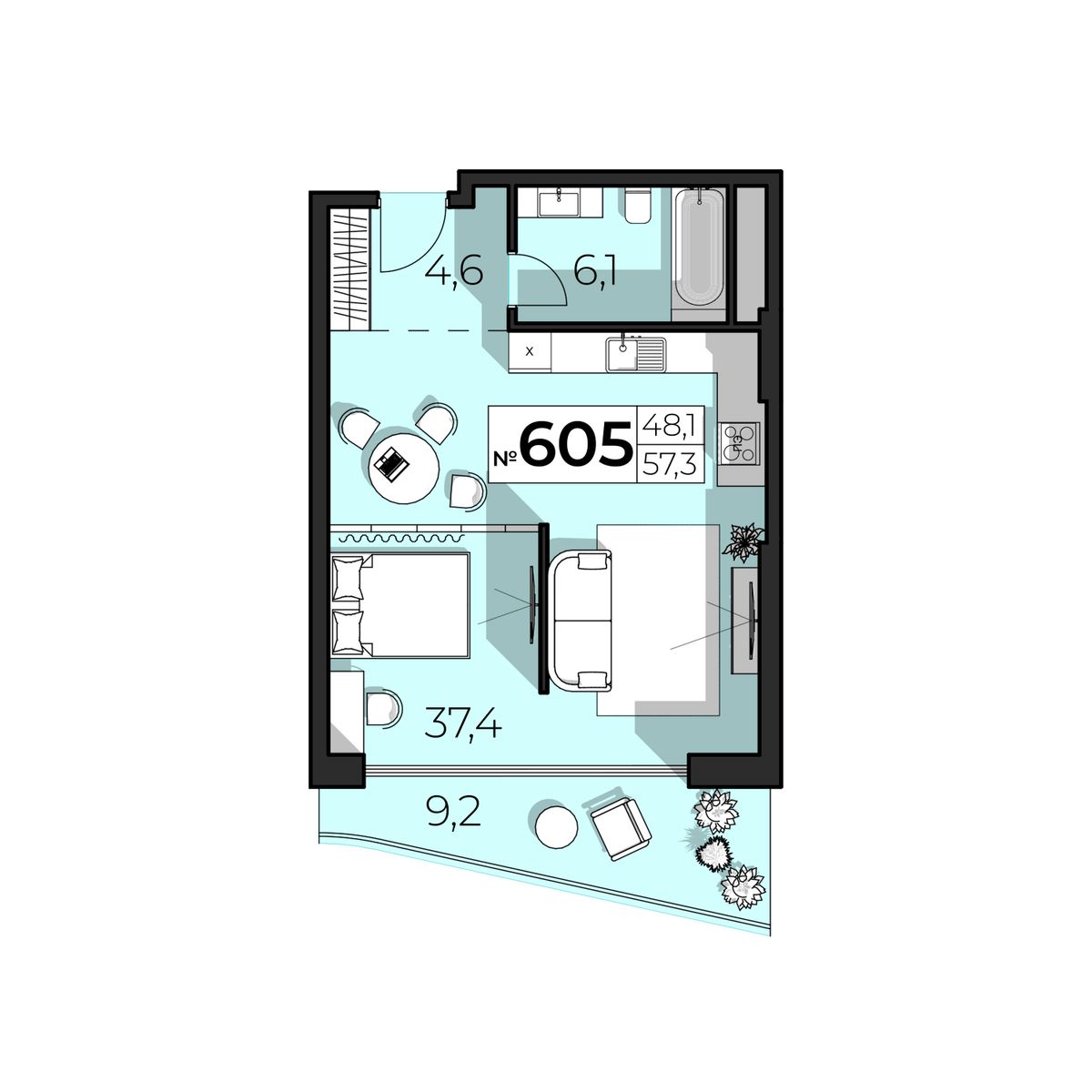 Планировка: 2-комнатная в ЖК «SkyPlaza 5.0», 57,3 м², №605