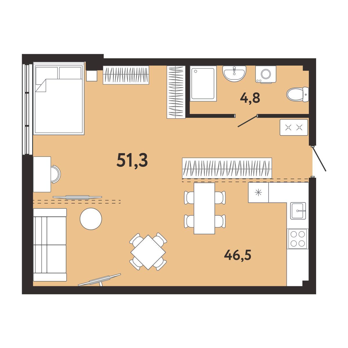 Планировка: 1-комнатная в ЖК «Арт-Ялта», 51,3 м², №623