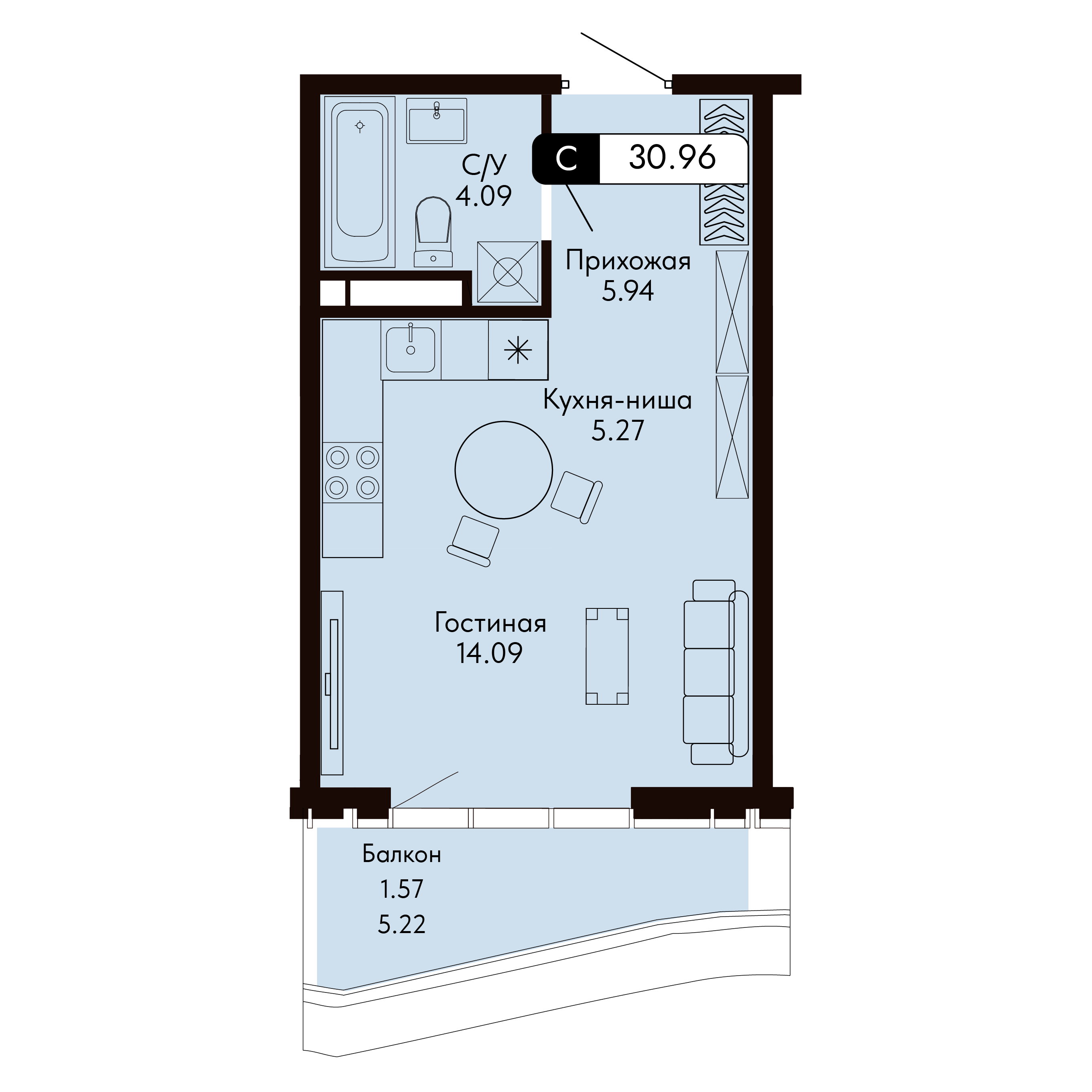 Планировка: Студия в ЖК «Ялтинская Резиденция», 31 м², №594