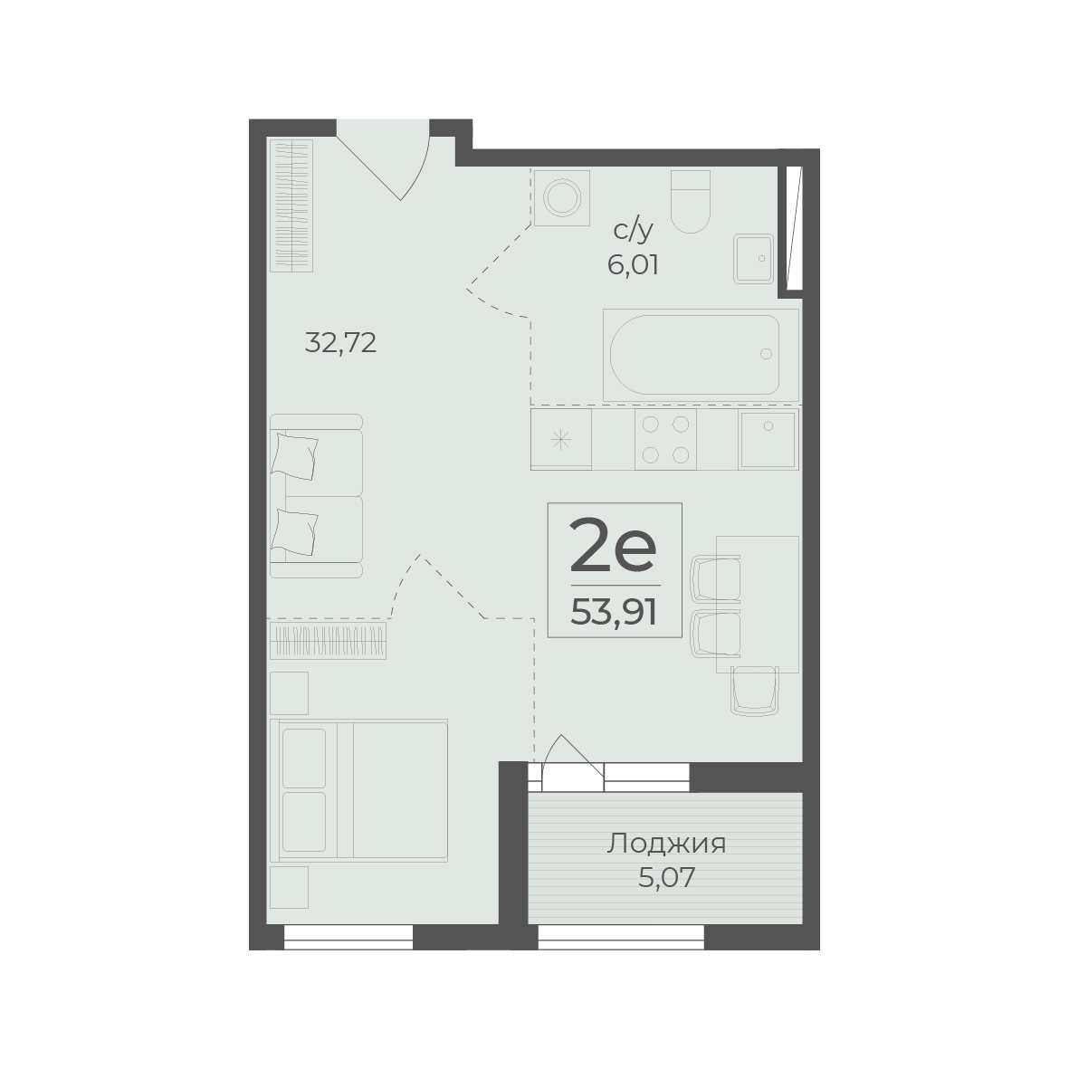 Планировка: 2-комнатная в ЖК «Botanica», 53,9 м²