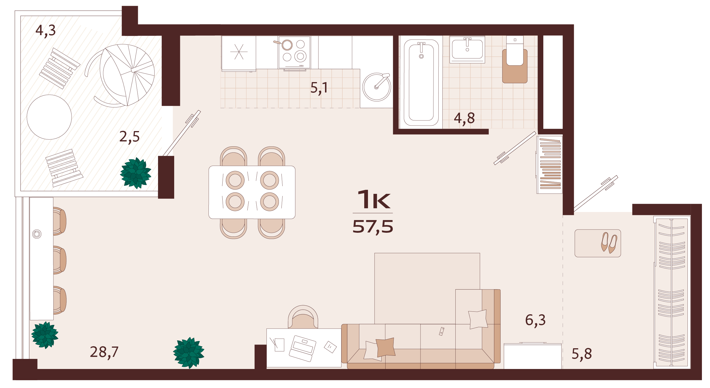 Планировка: 1-комнатная в ЖК «Роялта», 53,3 м², №105