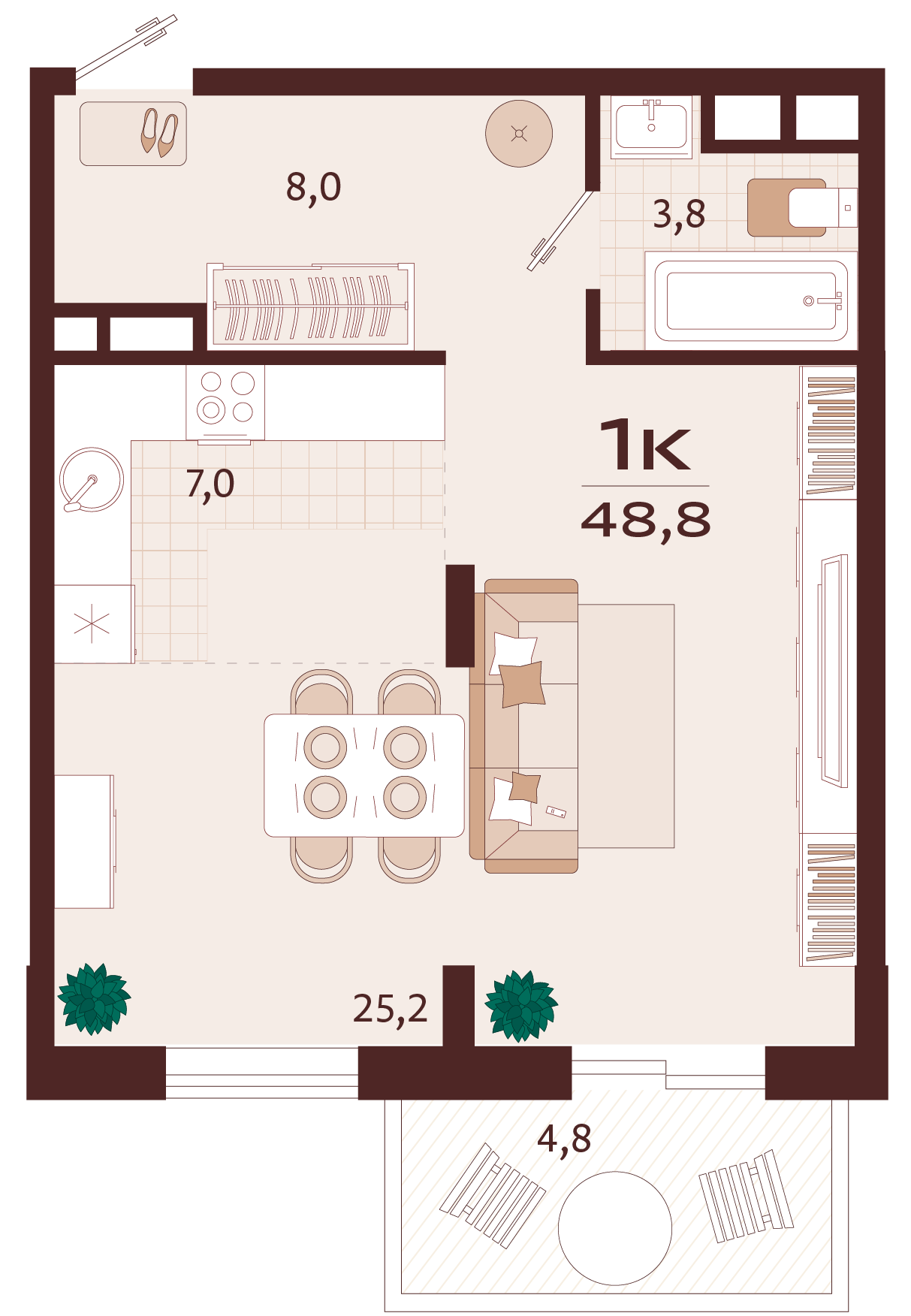 Планировка: 1-комнатная в ЖК «Роялта», 45,4 м², №5К25