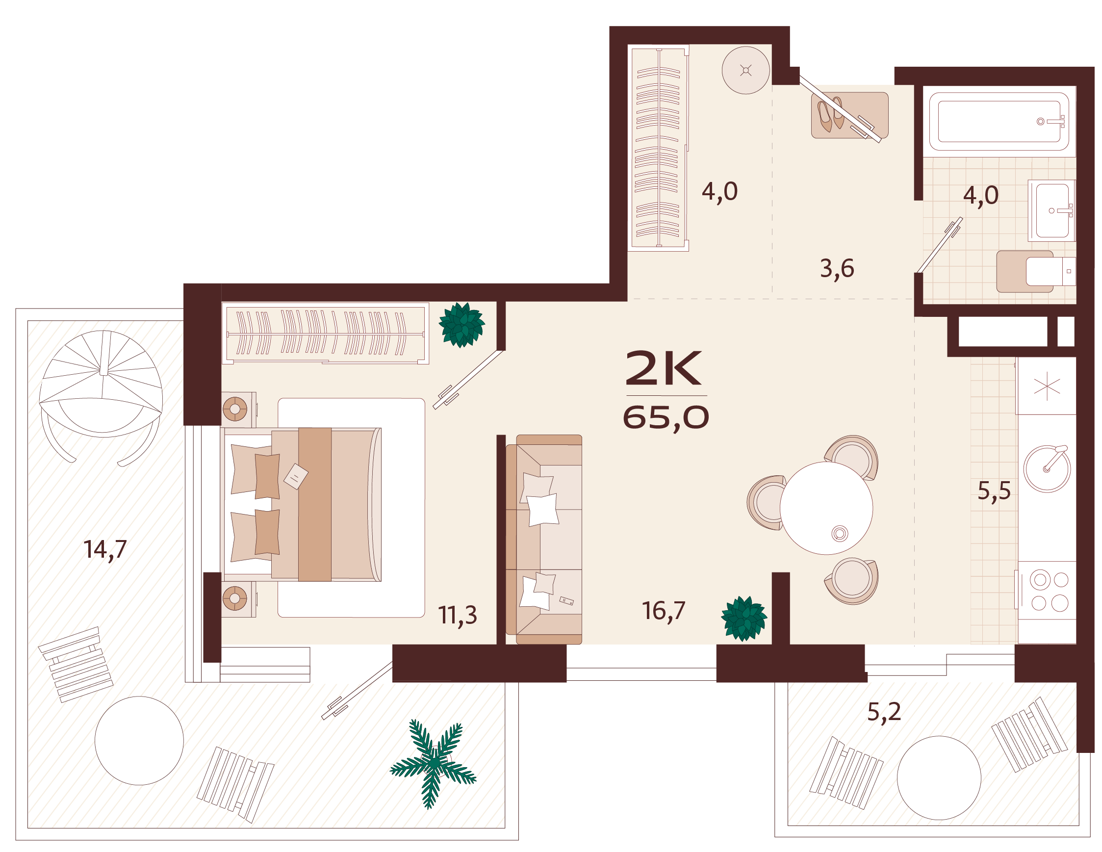Планировка: 2-комнатная в ЖК «Роялта», 50,8 м², №2К51