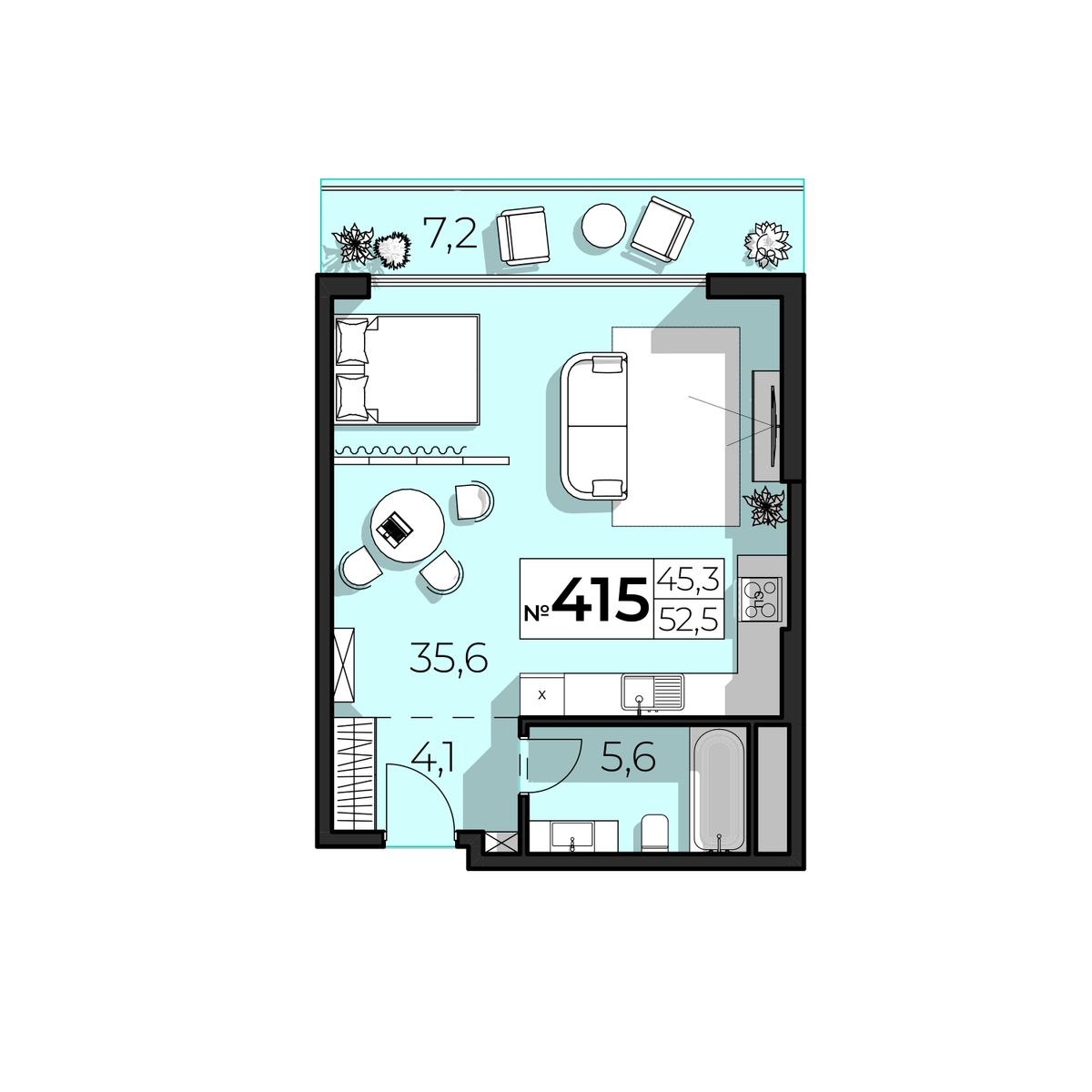 Планировка: 2-комнатная в ЖК «SkyPlaza 5.0», 52,5 м², №415
