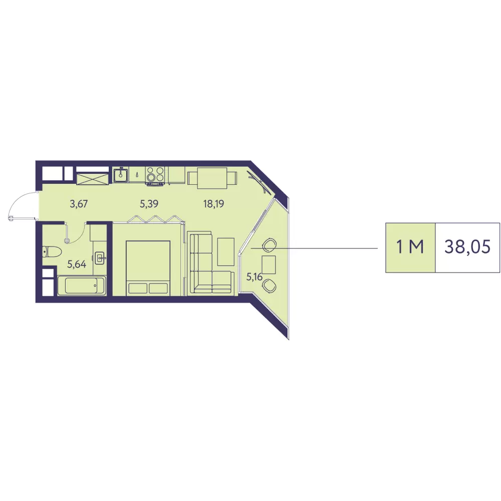 Планировка: 1-комнатная в ЖК «Новая Ливадия», 38 м²