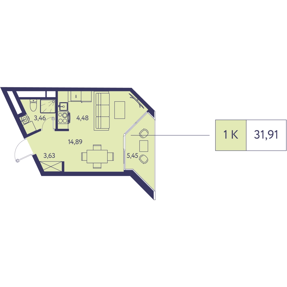 Планировка: 1-комнатная в ЖК «Новая Ливадия», 31,9 м²