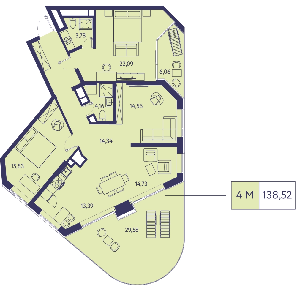 Планировка: 4-комнатная в ЖК «Новая Ливадия», 138,5 м²