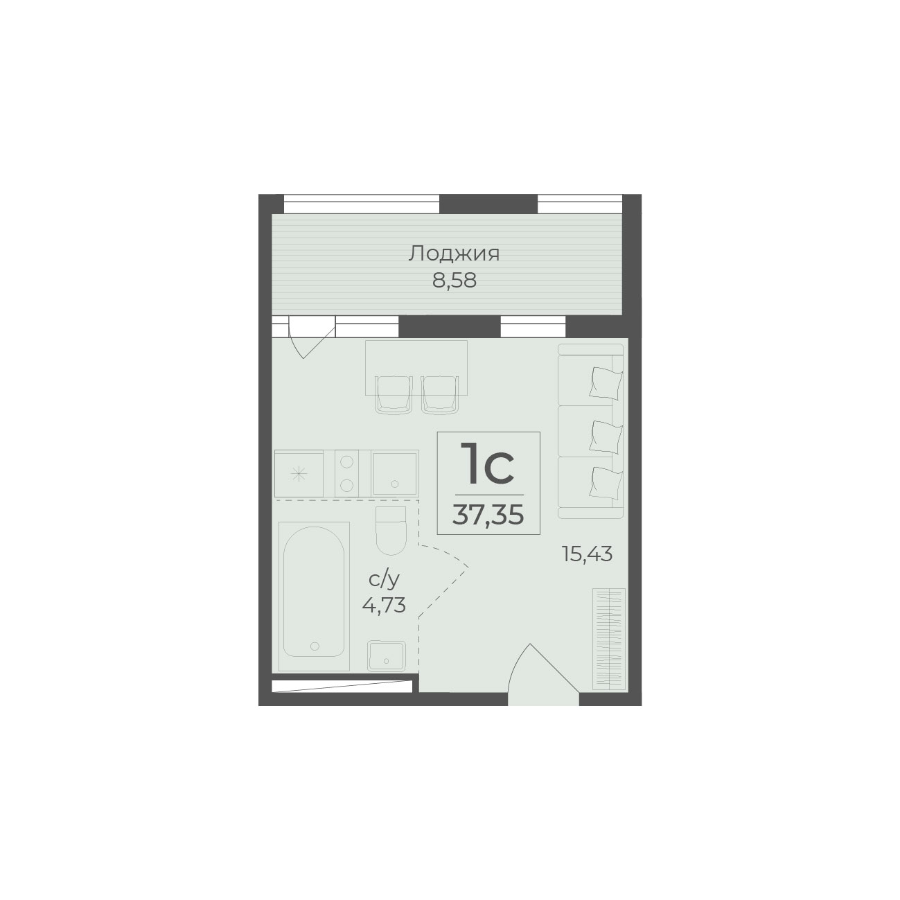 Планировка: 1-комнатная в ЖК «Botanica», 37,4 м²