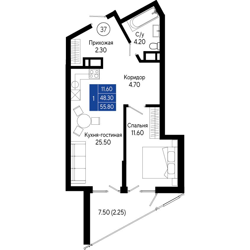 Планировка: 1-комнатная в ЖК «Кировъ», 55,8 м², №37