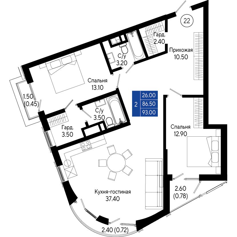 Планировка: 2-комнатная в ЖК «Кировъ», 93 м², №22