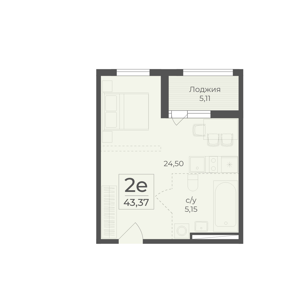 Планировка: 2-комнатная в ЖК «Botanica», 43,4 м²