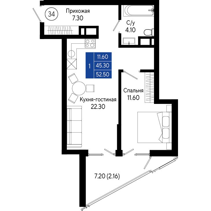 Планировка: 1-комнатная в ЖК «Кировъ», 52,5 м², №34
