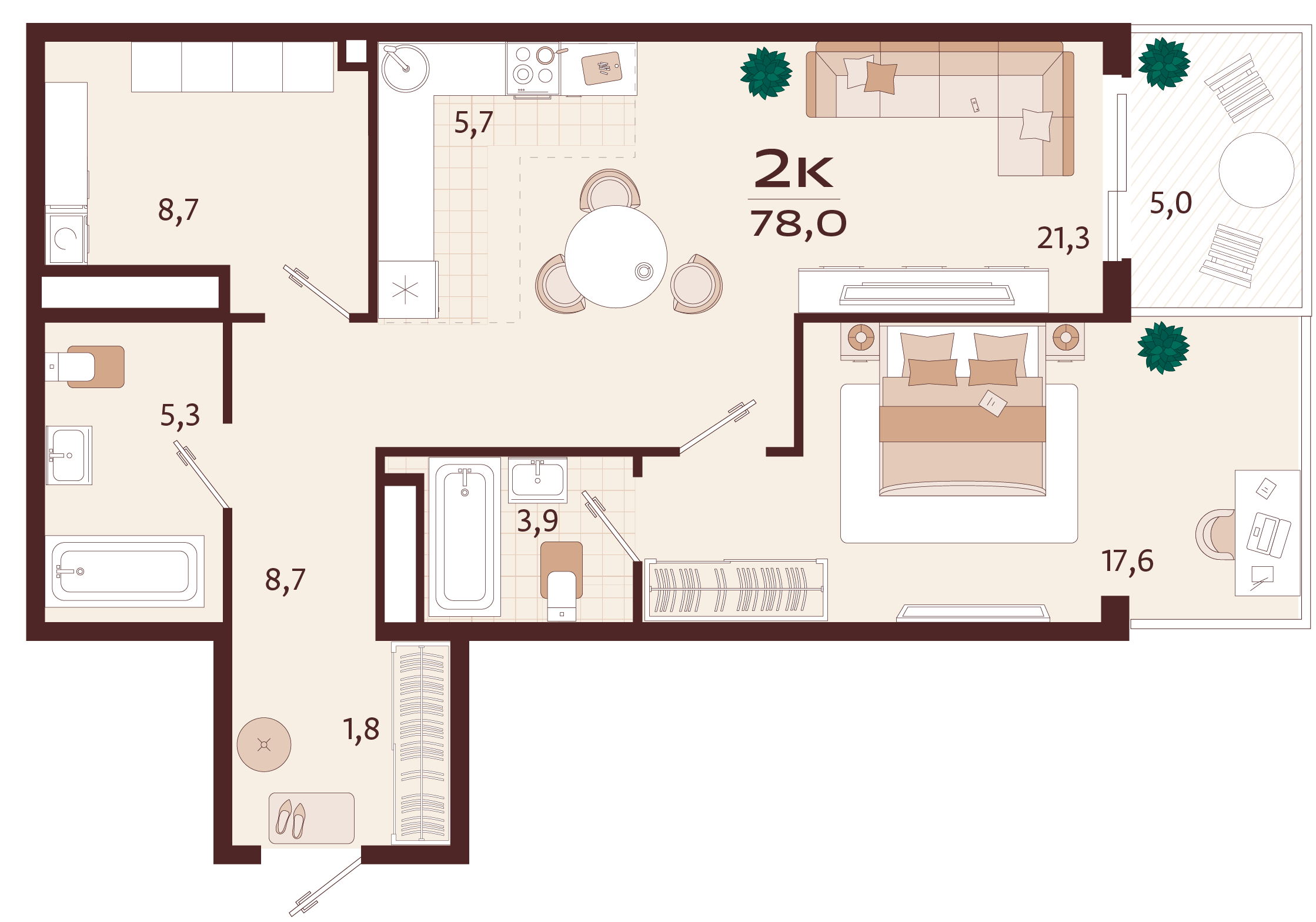Планировка: 2-комнатная в ЖК «Роялта», 74,5 м², №42