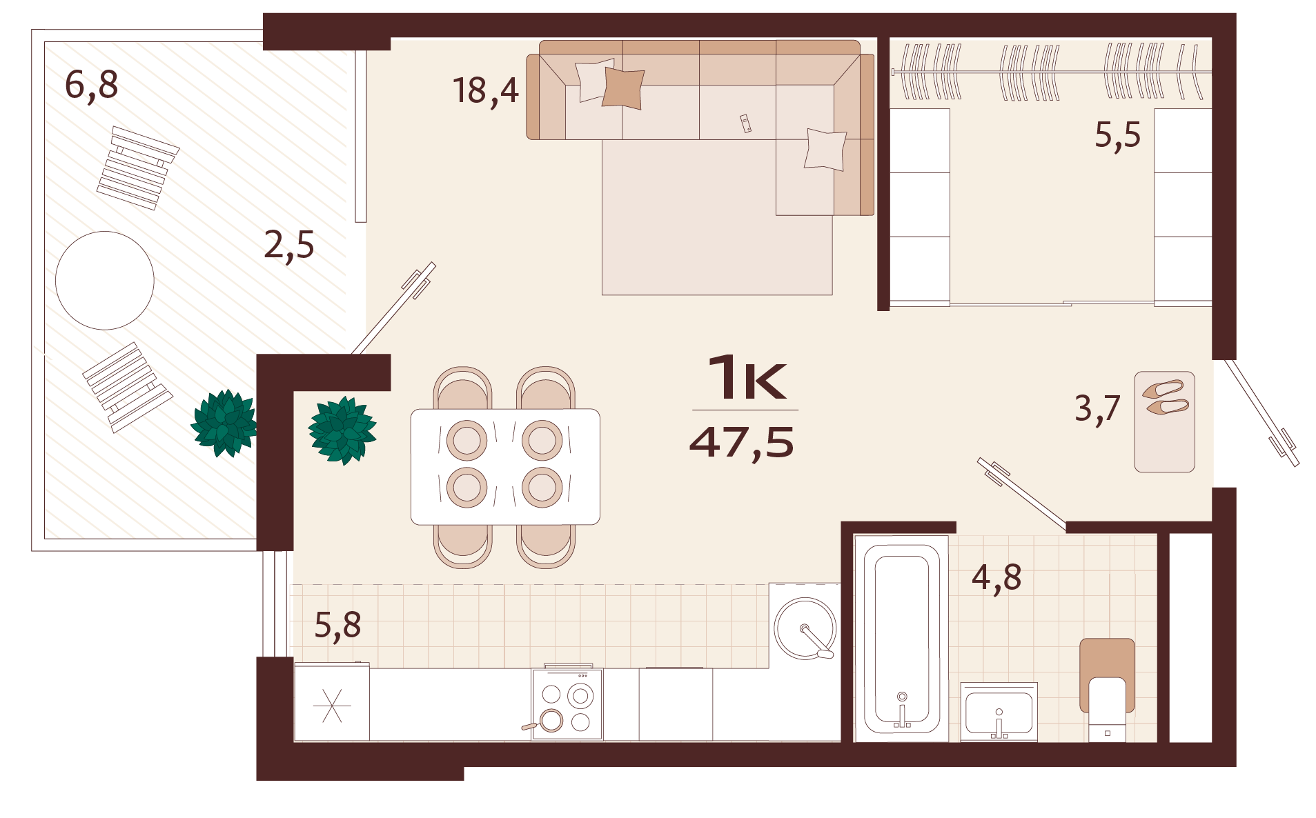 Планировка: 1-комнатная в ЖК «Роялта», 41,5 м², №94