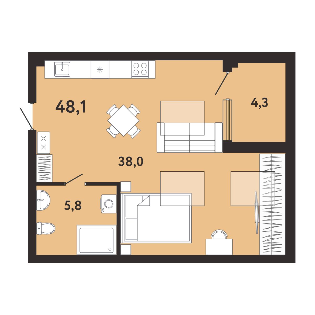 Планировка: 1-комнатная в ЖК «Арт-Ялта», 48,1 м², №715