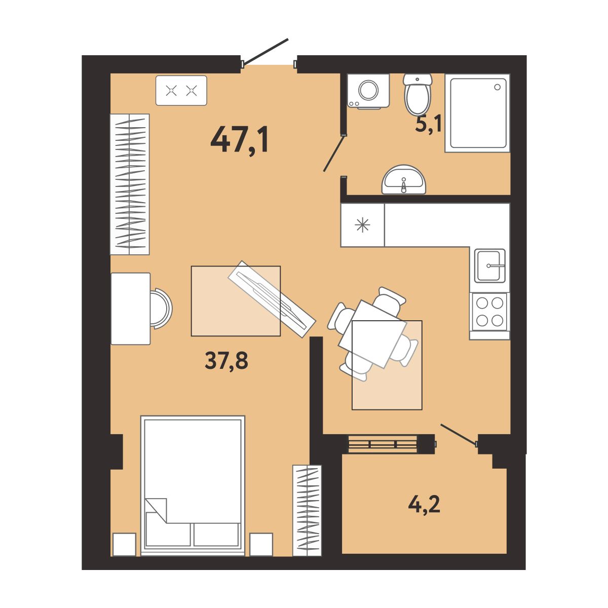 Планировка: 1-комнатная в ЖК «Арт-Ялта», 47,1 м², №801