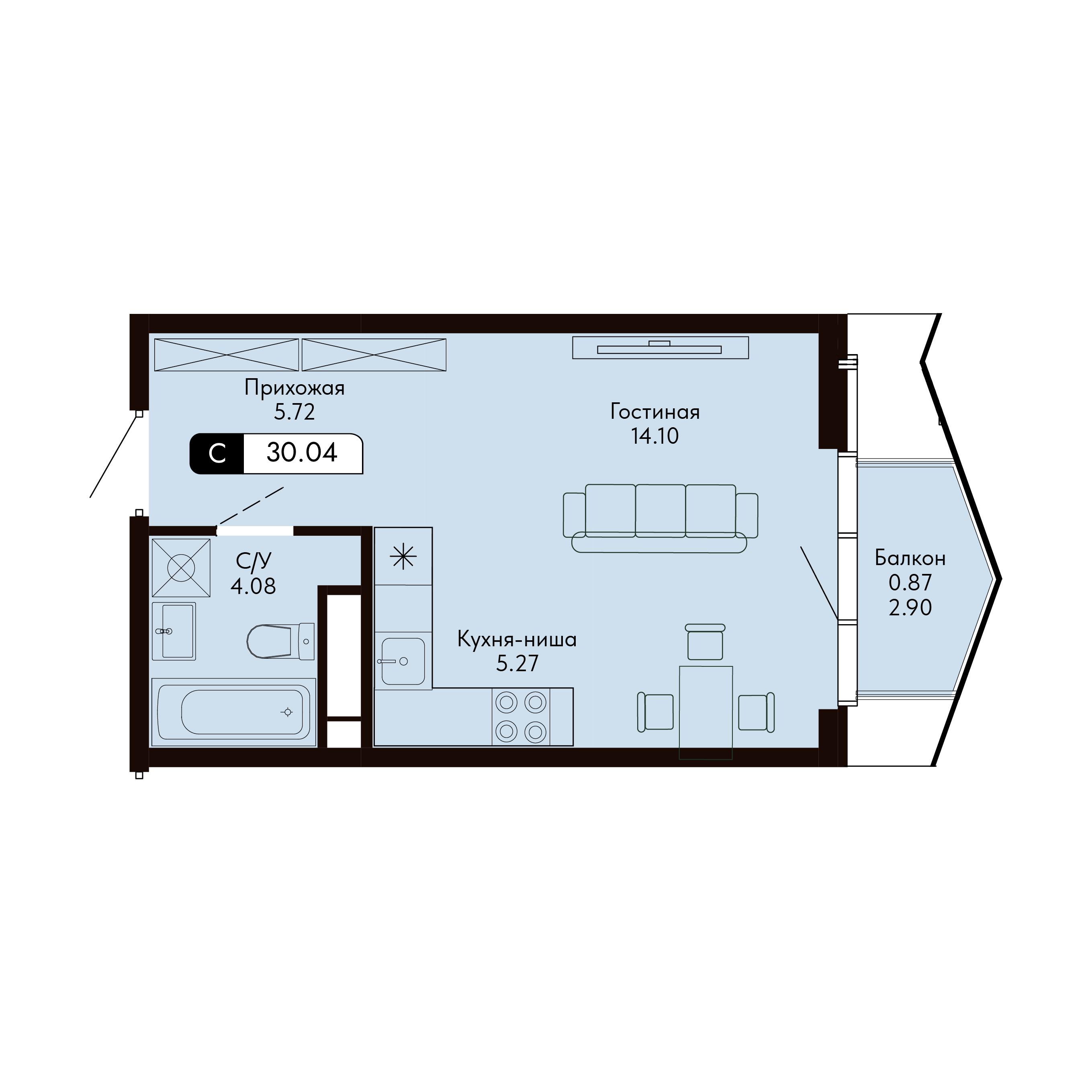 Планировка: Студия в ЖК «Ялтинская Резиденция», 30 м², №134