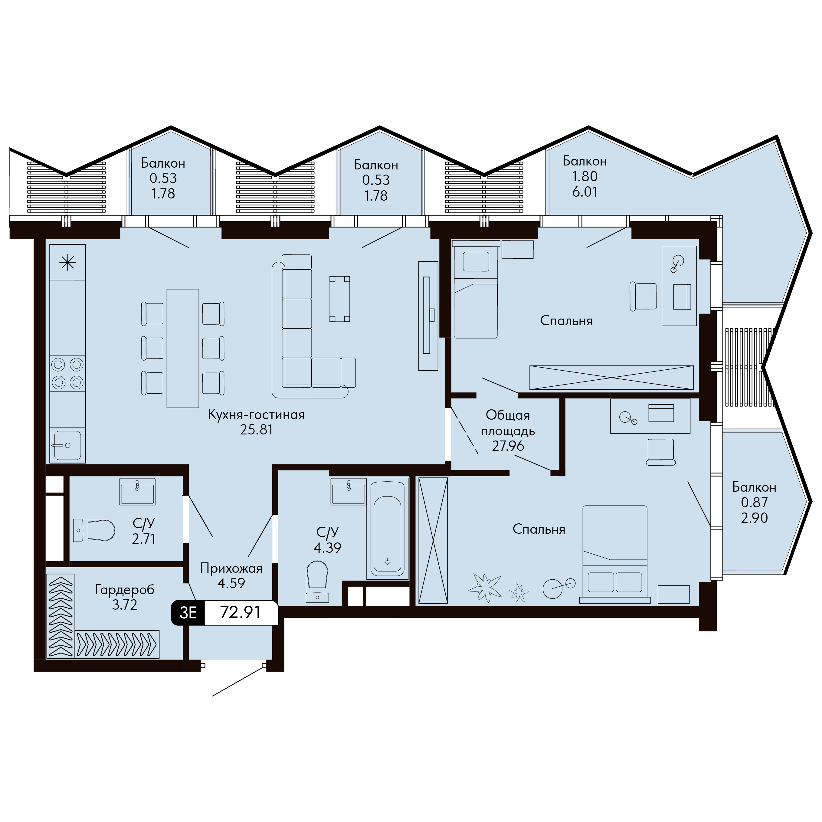 Планировка: 3-комнатная в ЖК «Ялтинская Резиденция», 72,9 м², №121