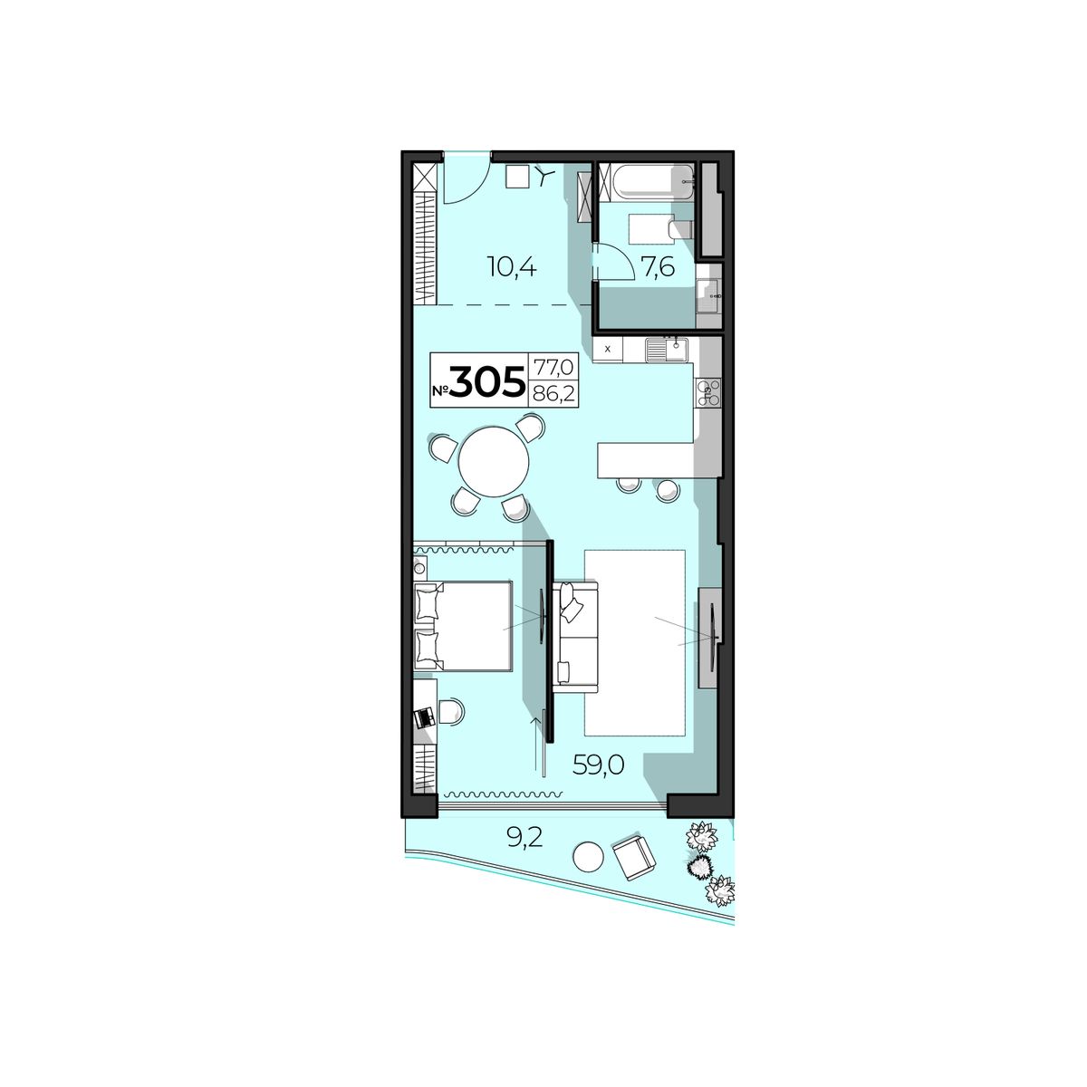Планировка: 2-комнатная в ЖК «SkyPlaza 5.0», 86,2 м², №305