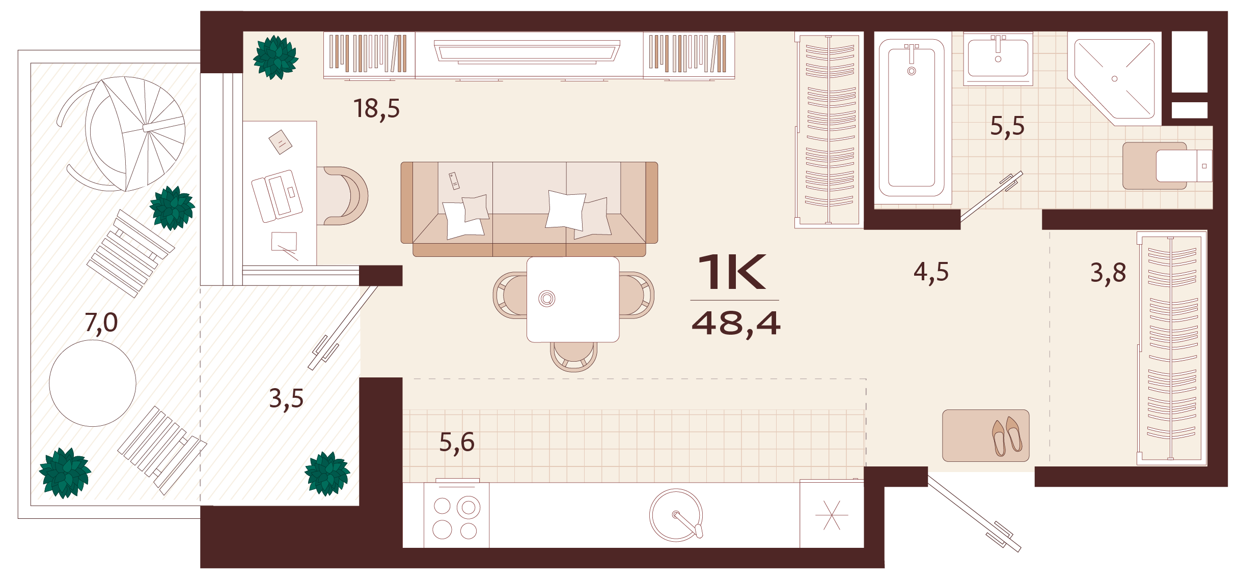 Планировка: 1-комнатная в ЖК «Роялта», 41,8 м², №2К61