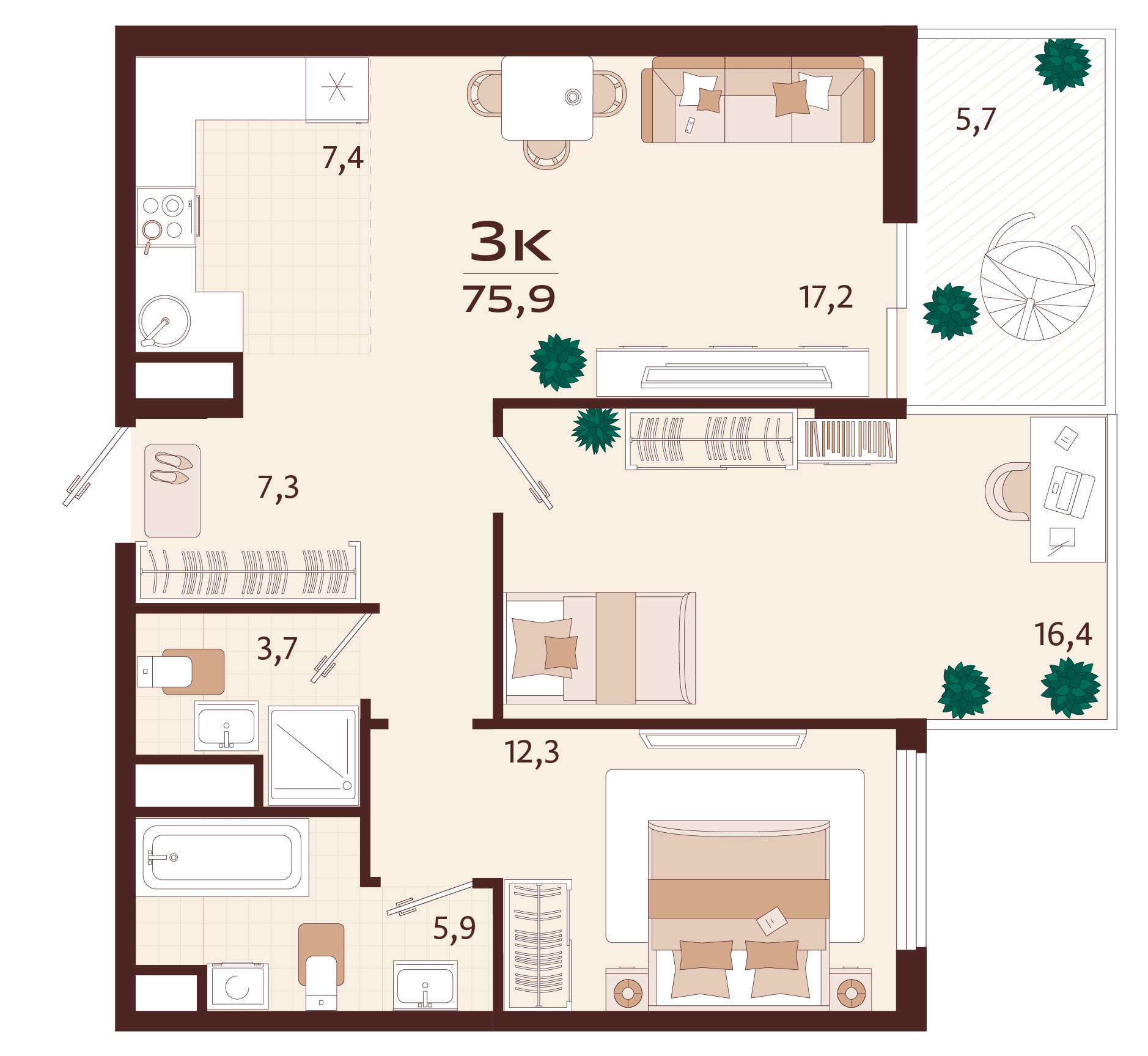 Планировка: 3-комнатная в ЖК «Роялта», 71,9 м², №139