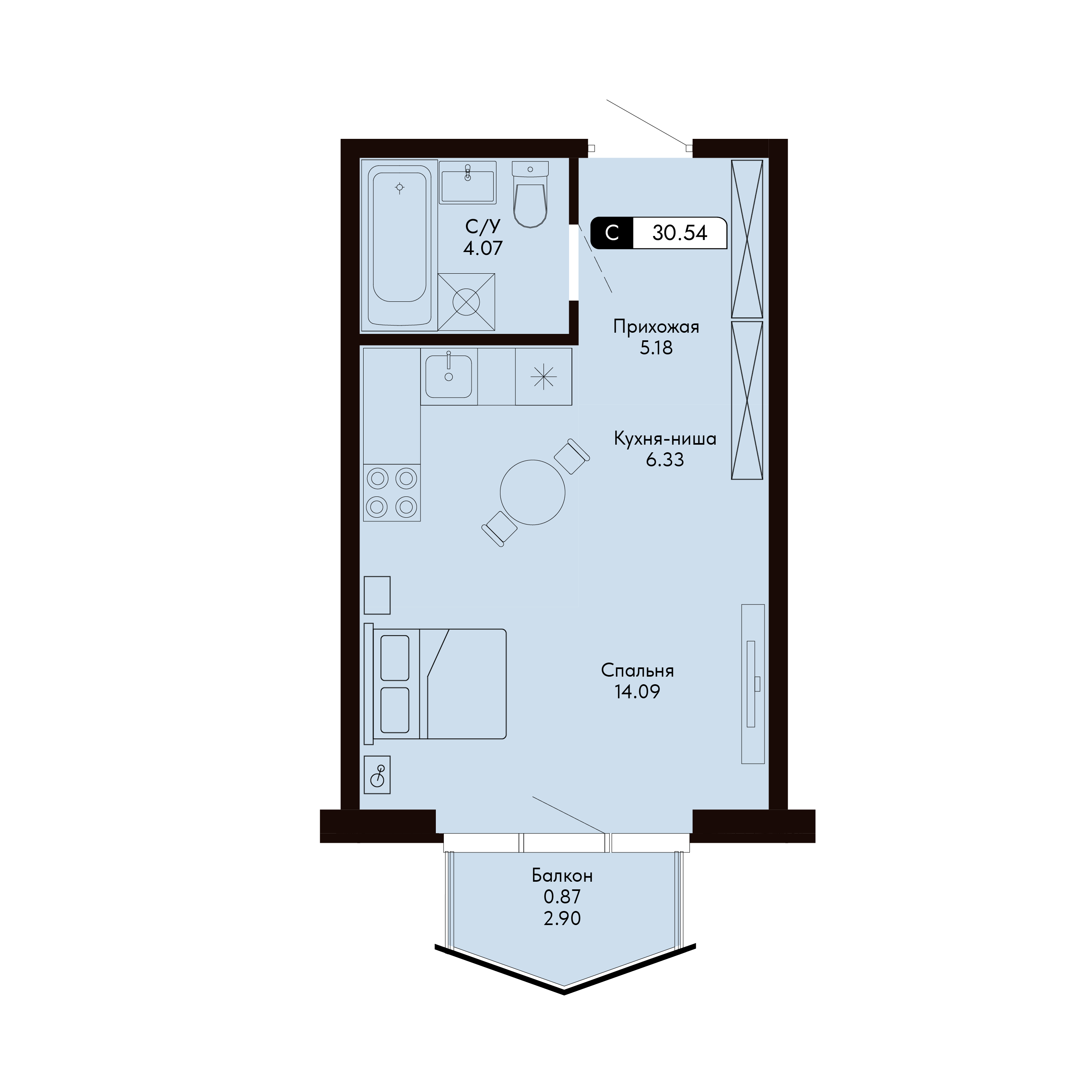 Планировка: Студия в ЖК «Ялтинская Резиденция», 30,5 м², №82