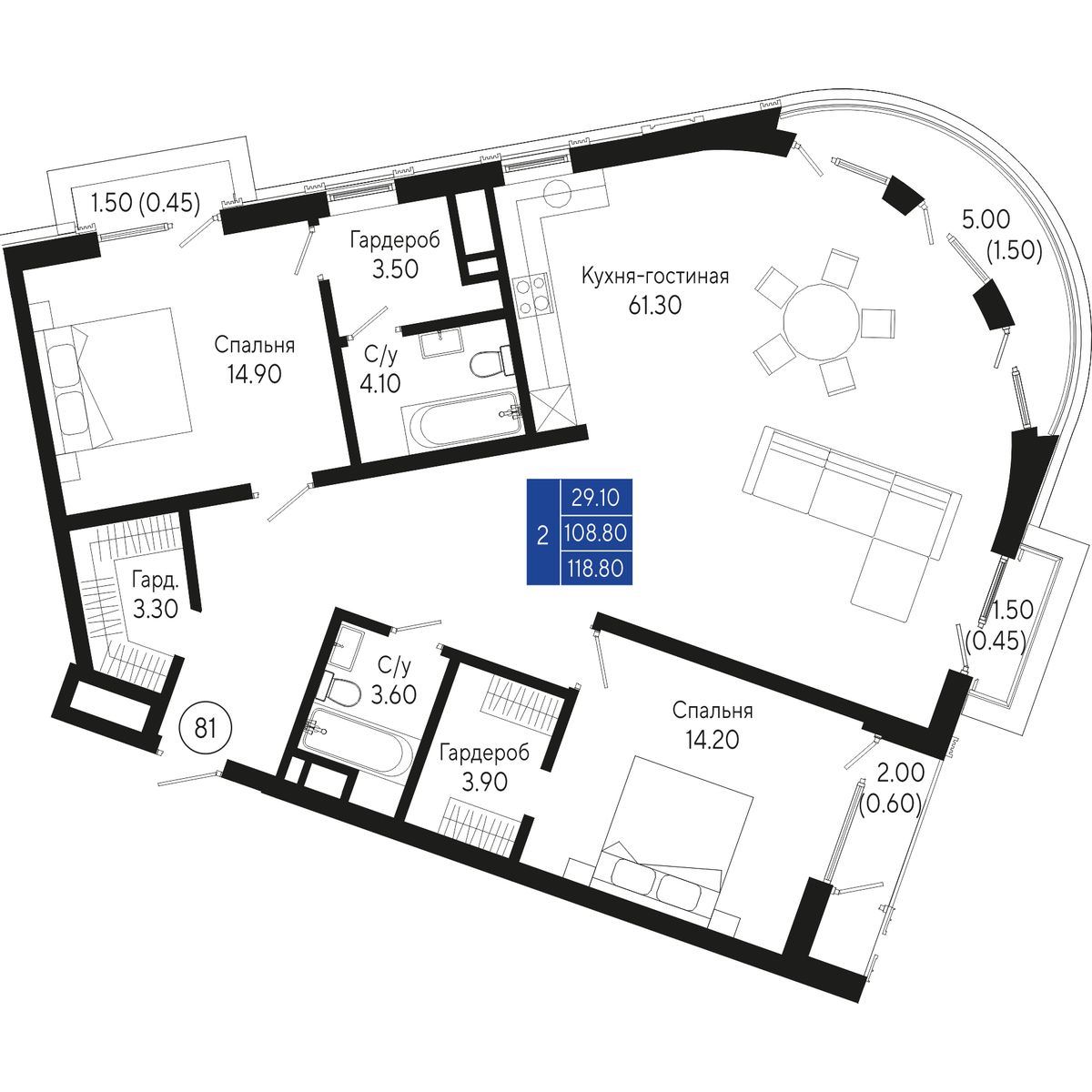 Планировка: 2-комнатная в ЖК «Кировъ», 118,8 м², №81