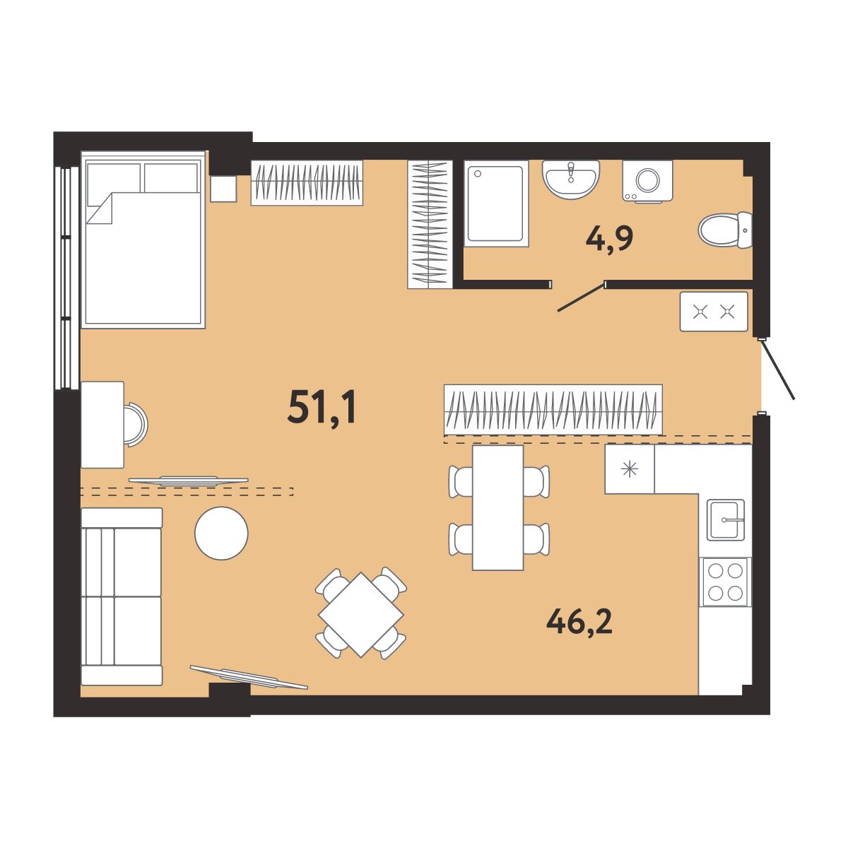 Планировка: 1-комнатная в ЖК «Арт-Ялта», 51,1 м², №525