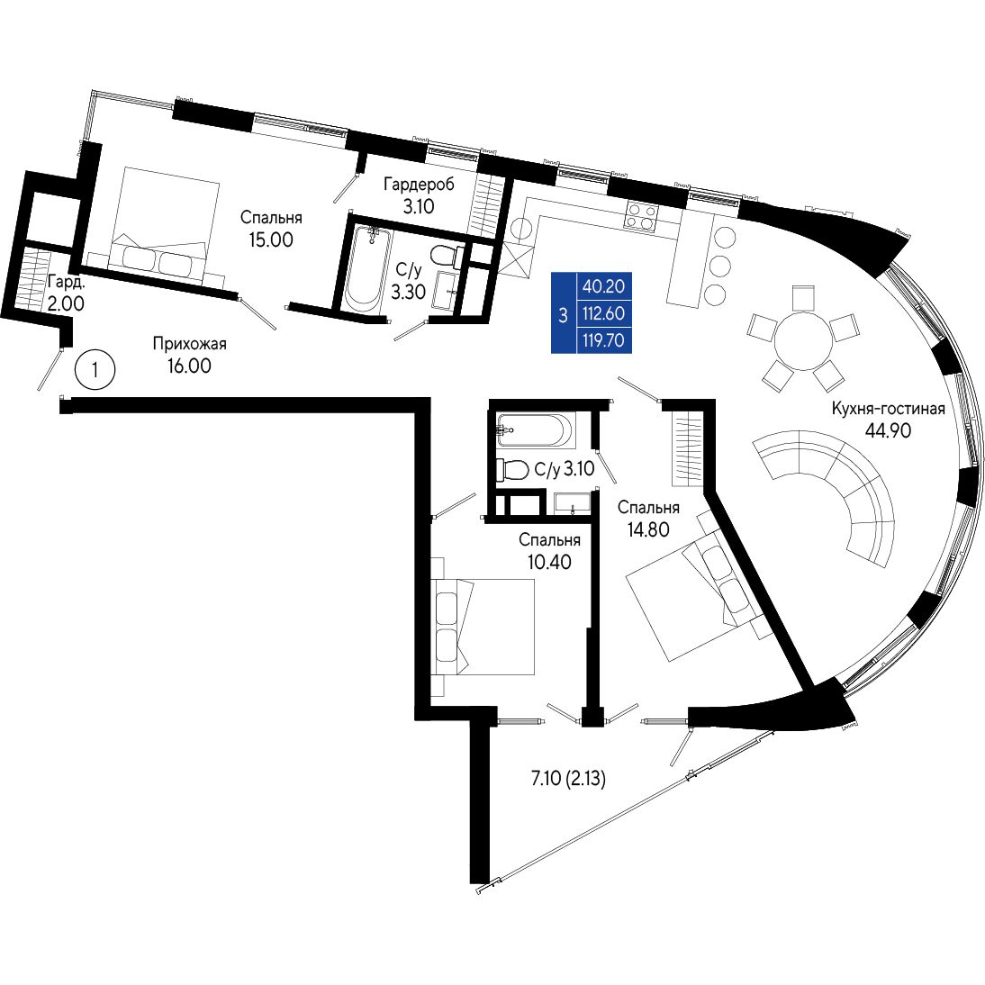 Планировка: 3-комнатная в ЖК «Кировъ», 119,7 м², №1