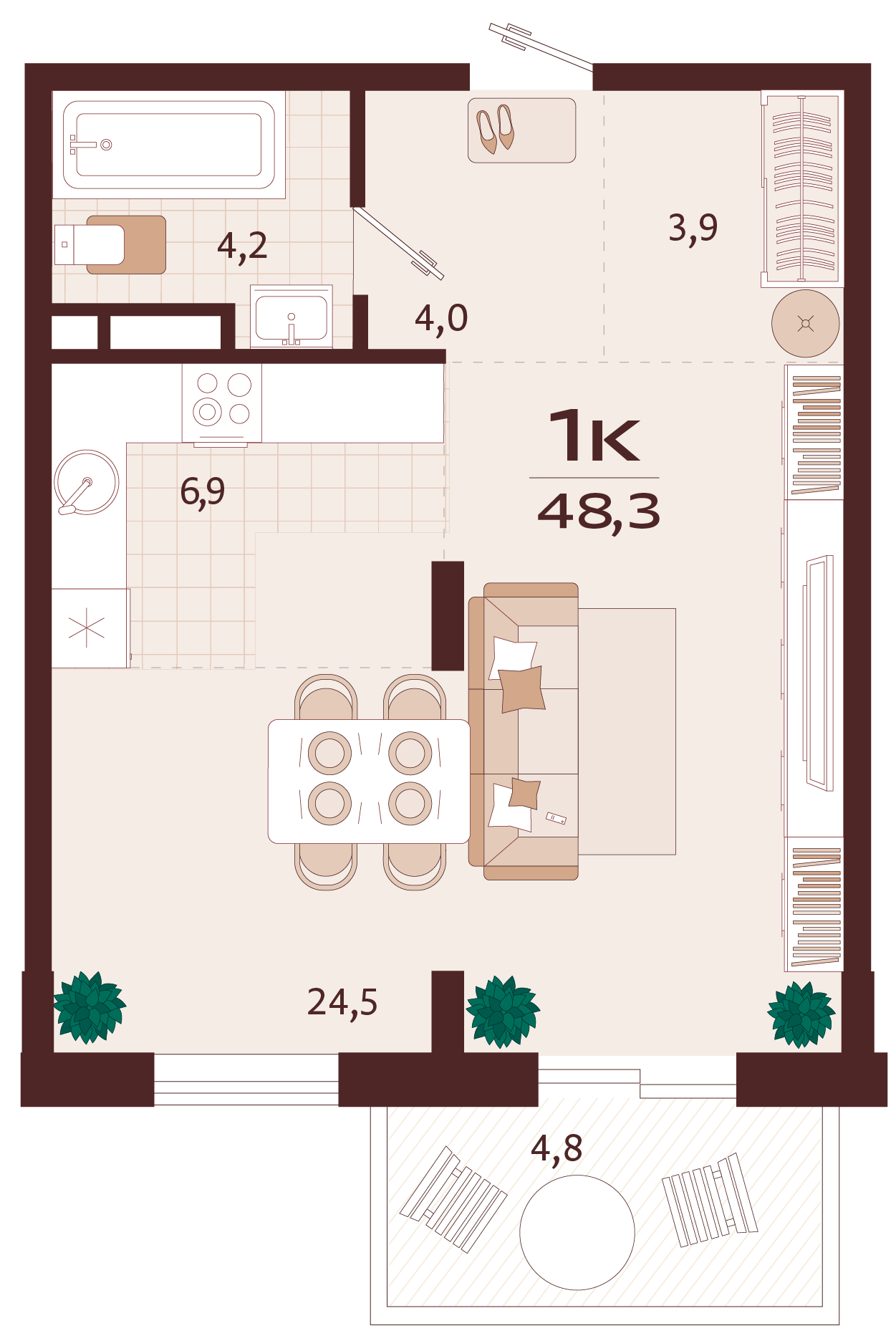Планировка: 1-комнатная в ЖК «Роялта», 44,9 м², №5К23