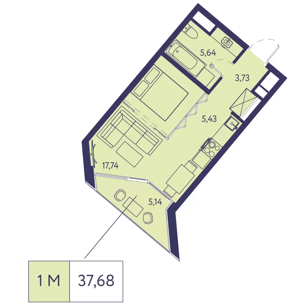 Планировка: 1-комнатная в ЖК «Новая Ливадия», 37,7 м²