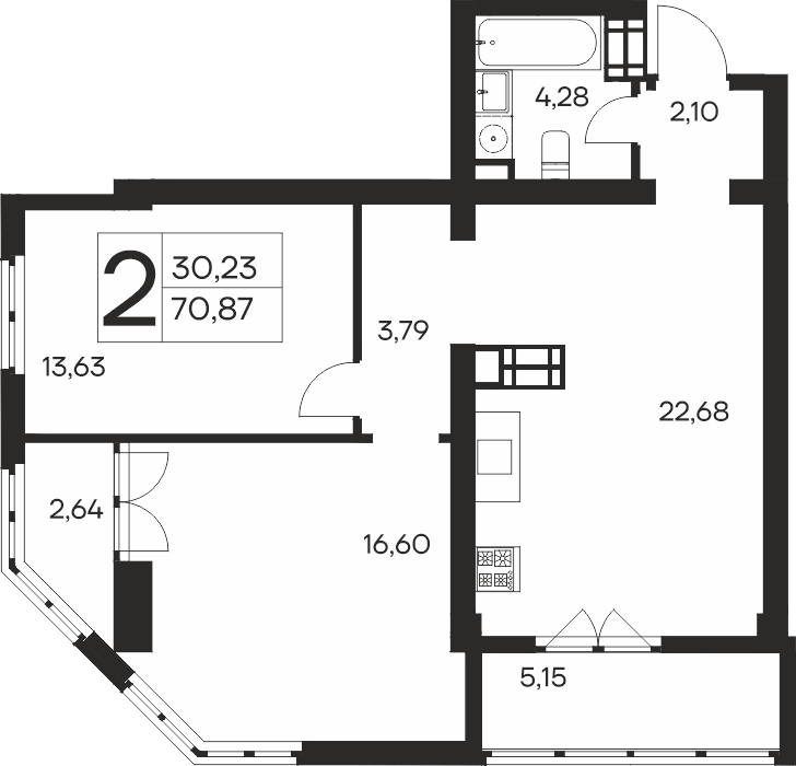 Планировка: 2-комнатная в ЖК «Ай-Петри», 70,9 м², №107