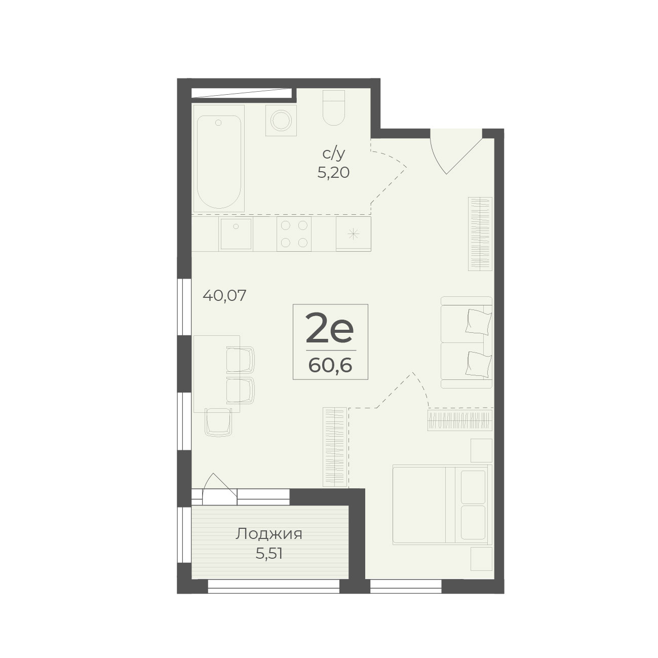 Планировка: 2-комнатная в ЖК «Botanica», 60,6 м²