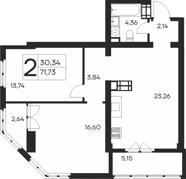 Планировка: 2-комнатная в ЖК «Ай-Петри», 71,7 м², №167