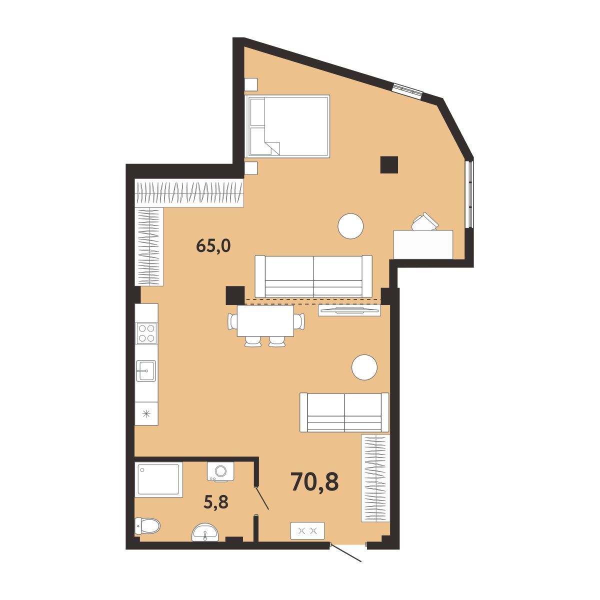 Планировка: 1-комнатная в ЖК «Арт-Ялта», 70,8 м², №309