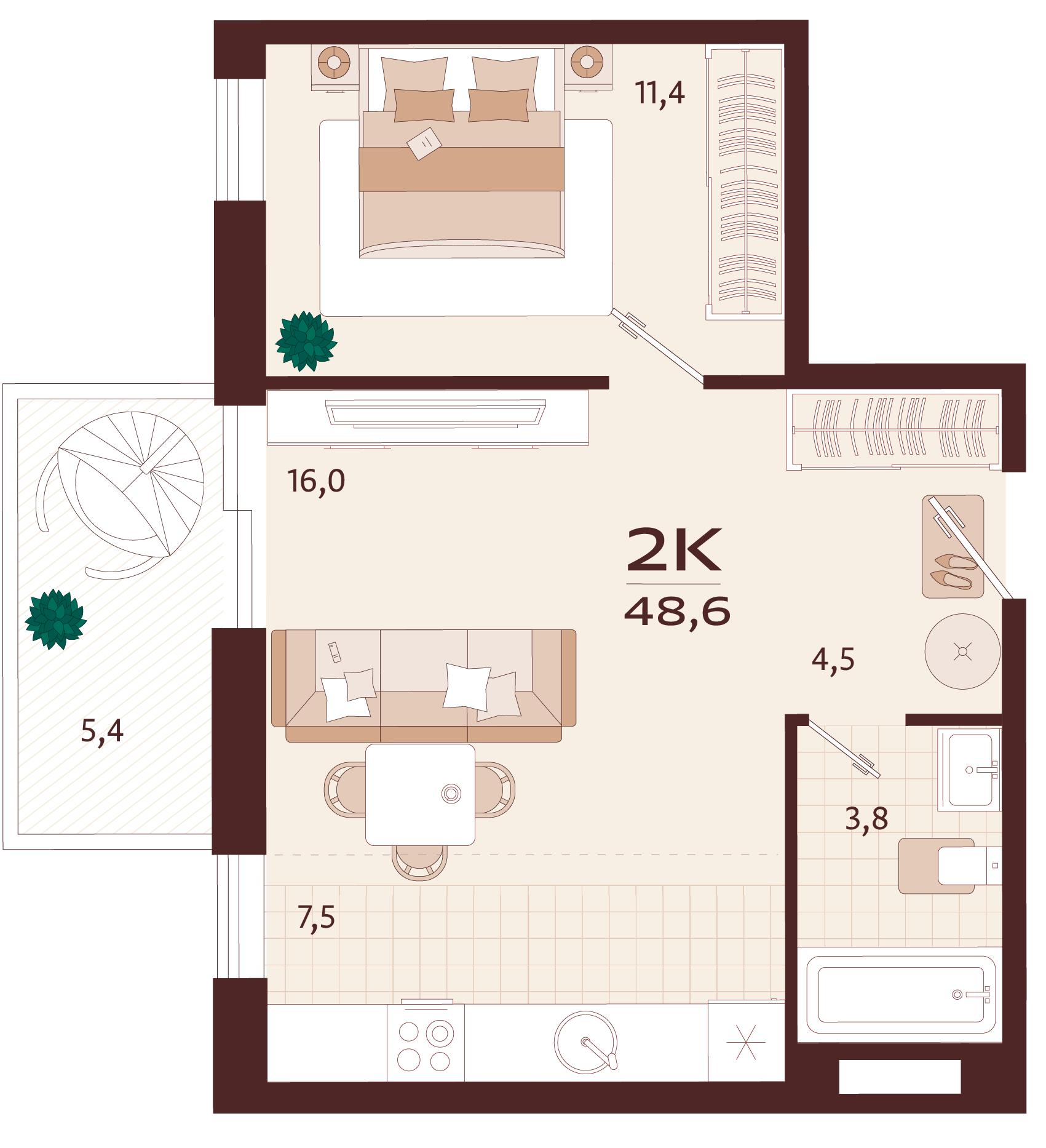 Планировка: 2-комнатная в ЖК «Роялта», 44,8 м², №2К130