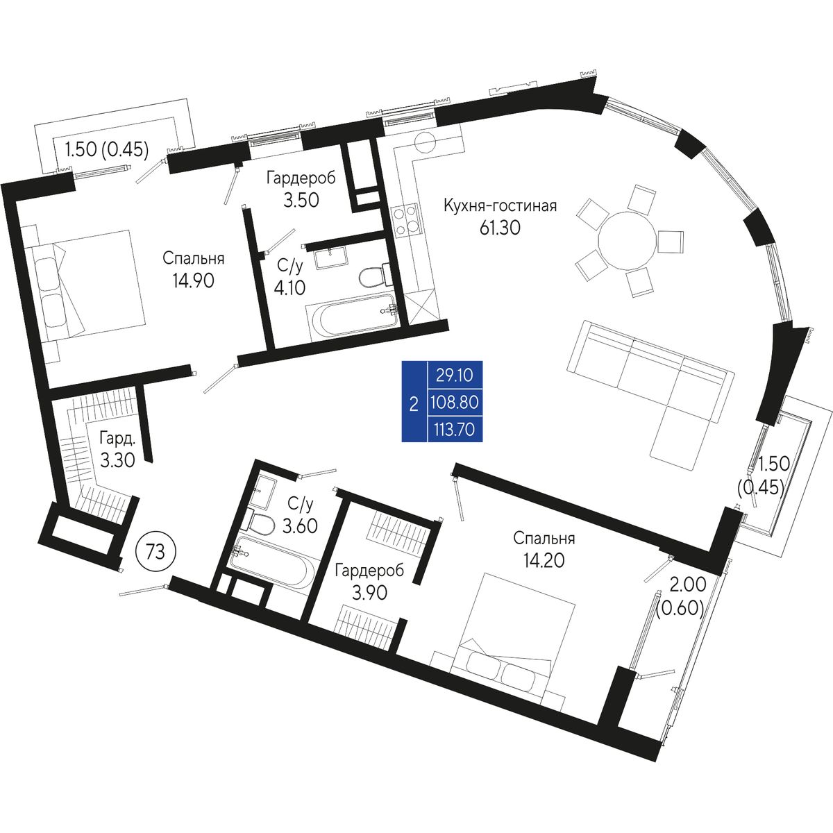 Планировка: 2-комнатная в ЖК «Кировъ», 113,8 м², №73
