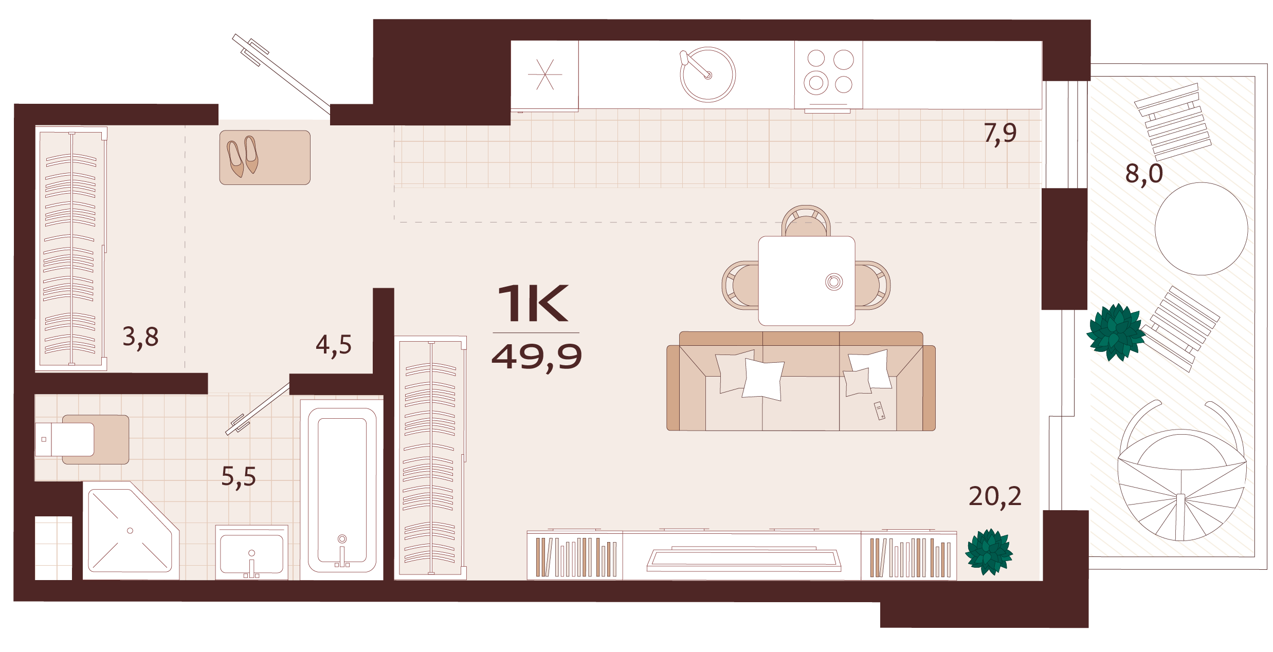 Планировка: 1-комнатная в ЖК «Роялта», 44,3 м², №2К86