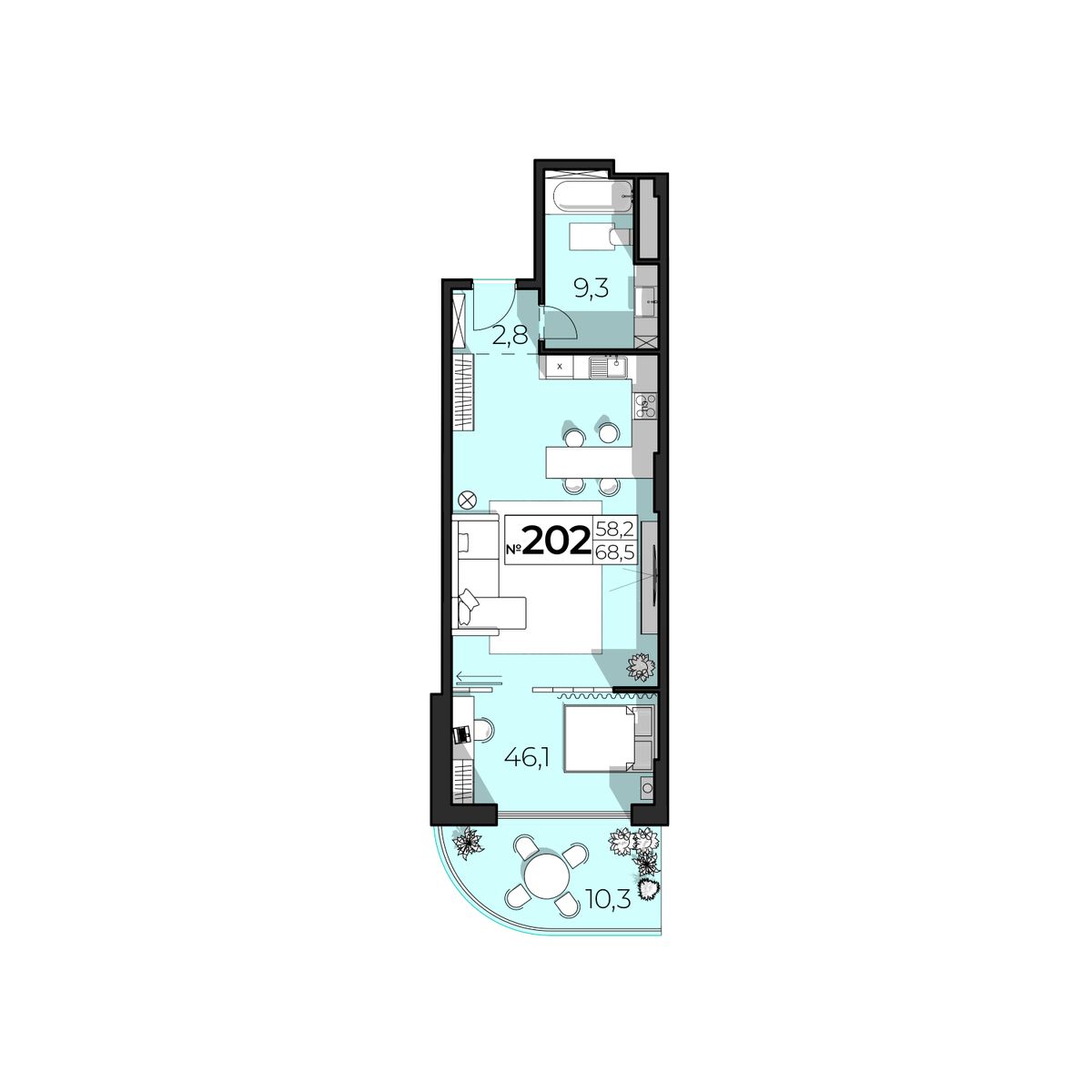 Планировка: 2-комнатная в ЖК «SkyPlaza 5.0», 68,5 м², №202