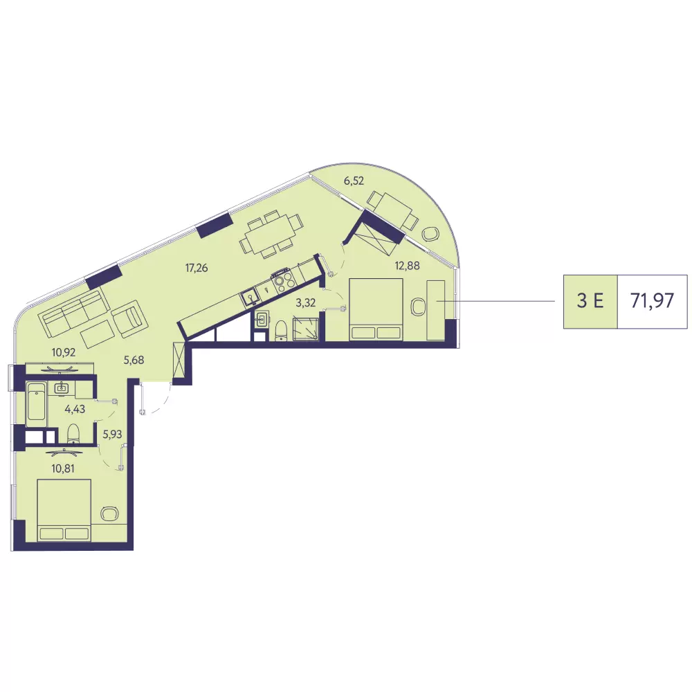 Планировка: 3-комнатная в ЖК «Новая Ливадия», 72 м²